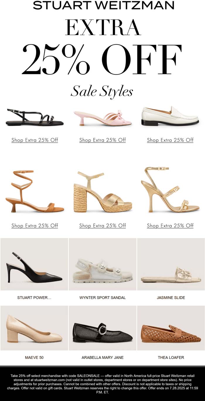 Extra 25% off sale styles at Stuart Weitzman via promo code SALEONSALE