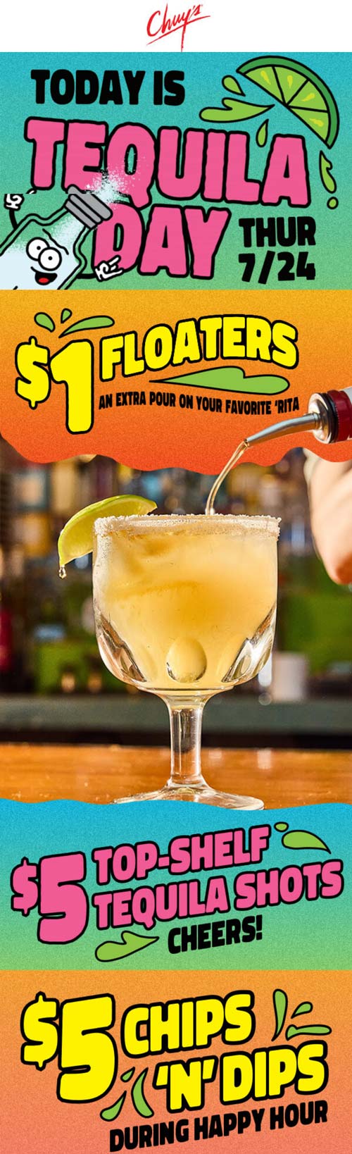 $5 top shelf tequila shots & more today at Chuys restaurants