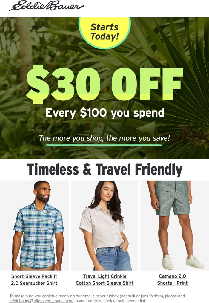 $30 off every $100 at Eddie Bauer