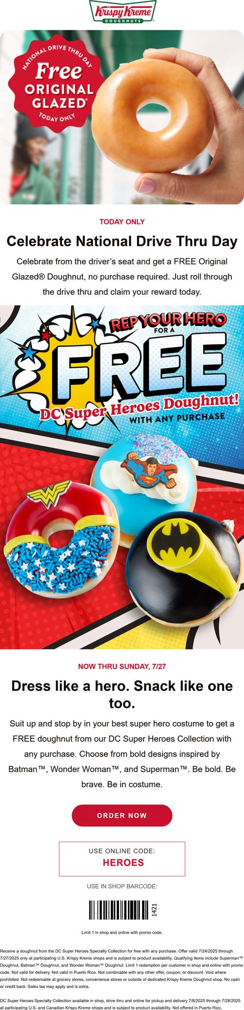 Free glazed + free super hero donut at Krispy Kreme via promo code HEROES