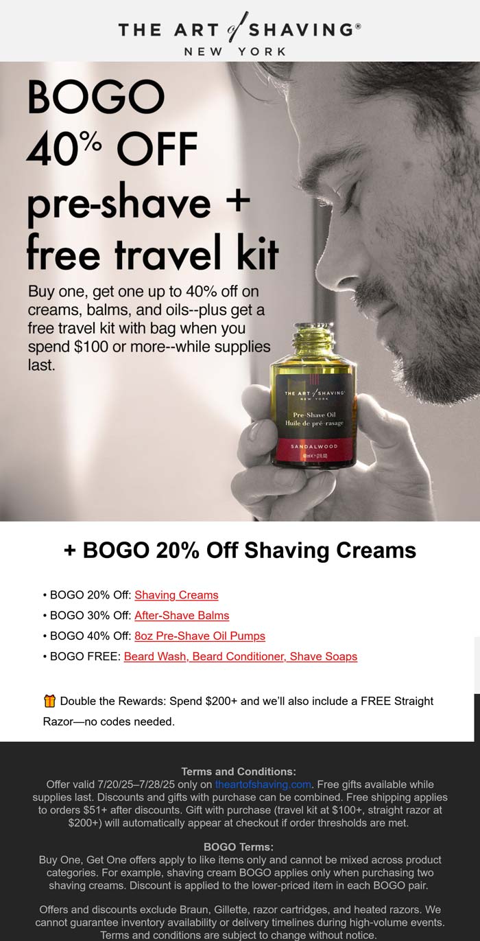 Various BOGO discounts & free straight razor on $200 at The Art of Shaving
