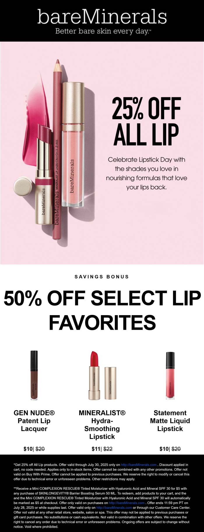 25% off all lip at bareMinerals