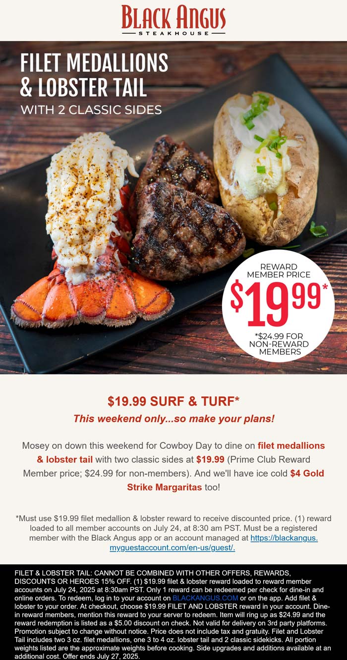 Steak filet + lobster tail + 2 sides = $20 via login at Black Angus steakhouse