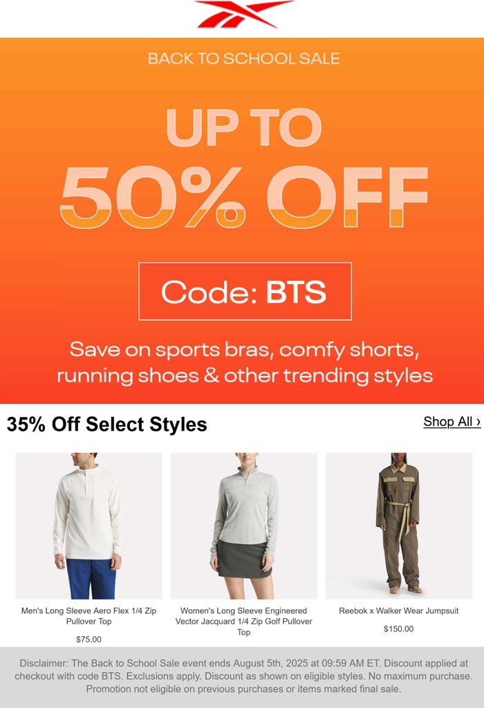 35-50% off online at Reebok via promo code BTS