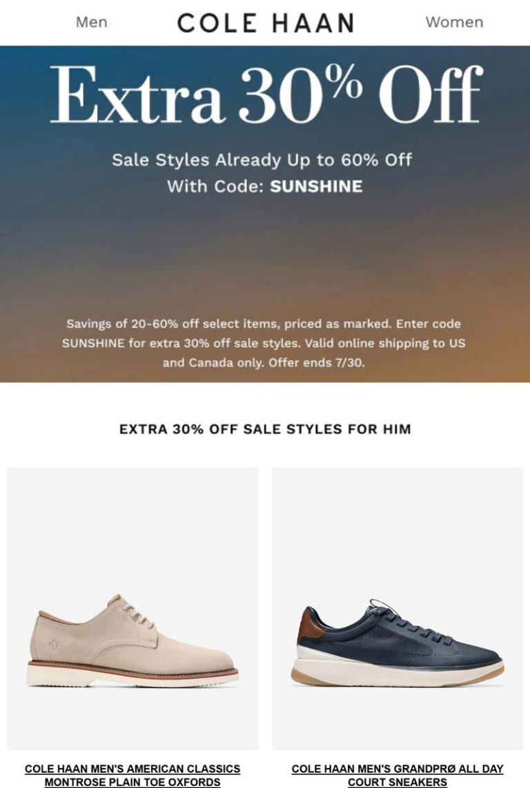 Extra 30% off at Cole Haan via promo code SUNSHINE