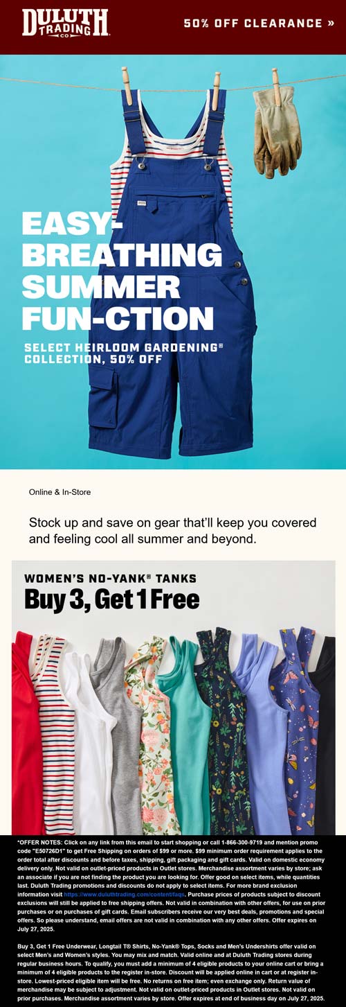 25% off summer gear at Duluth Trading Co via promo code E50726D1