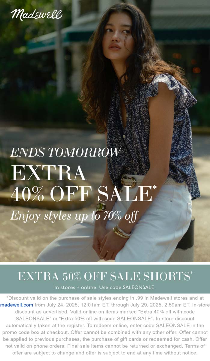 Extra 40% off sale items & 50% shorts at Madewell via promo code SALEONSALE