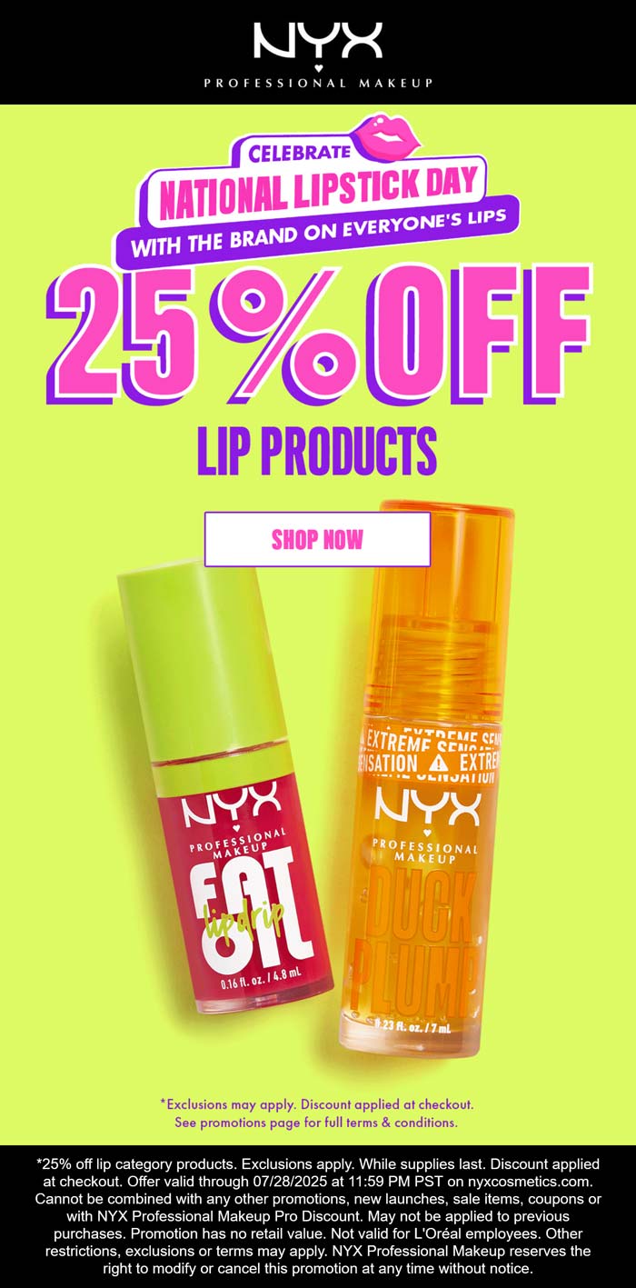 25% off lip products at NYX Professional Makeup