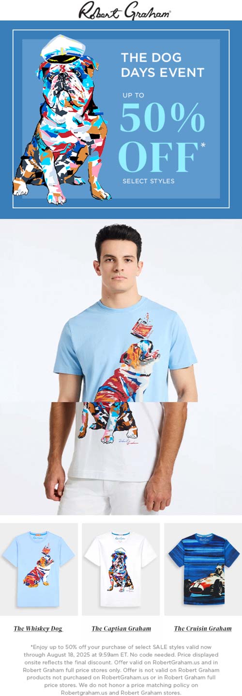 30-50% off sale items at Robert Graham, ditto online