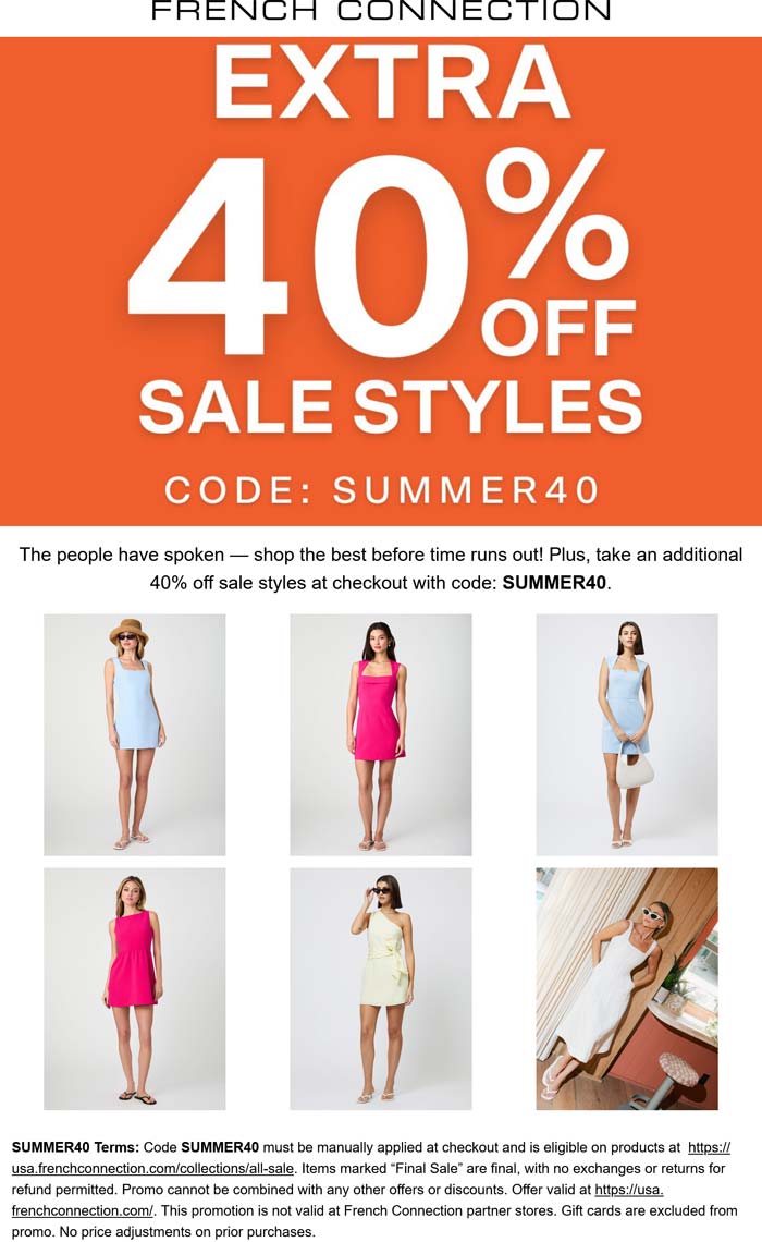 Extra 40% off sale styles at French Connection via promo code SUMMER40