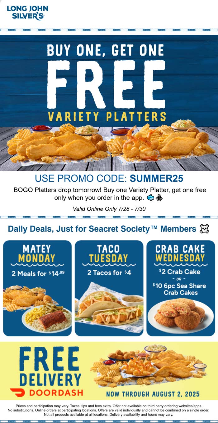 Second variety platter meal free at Long John Silvers via promo code SUMMER25