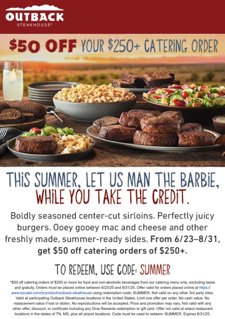 Feed the team with $50 off $250 on catering at Outback Steakhouse via promo code SUMMER