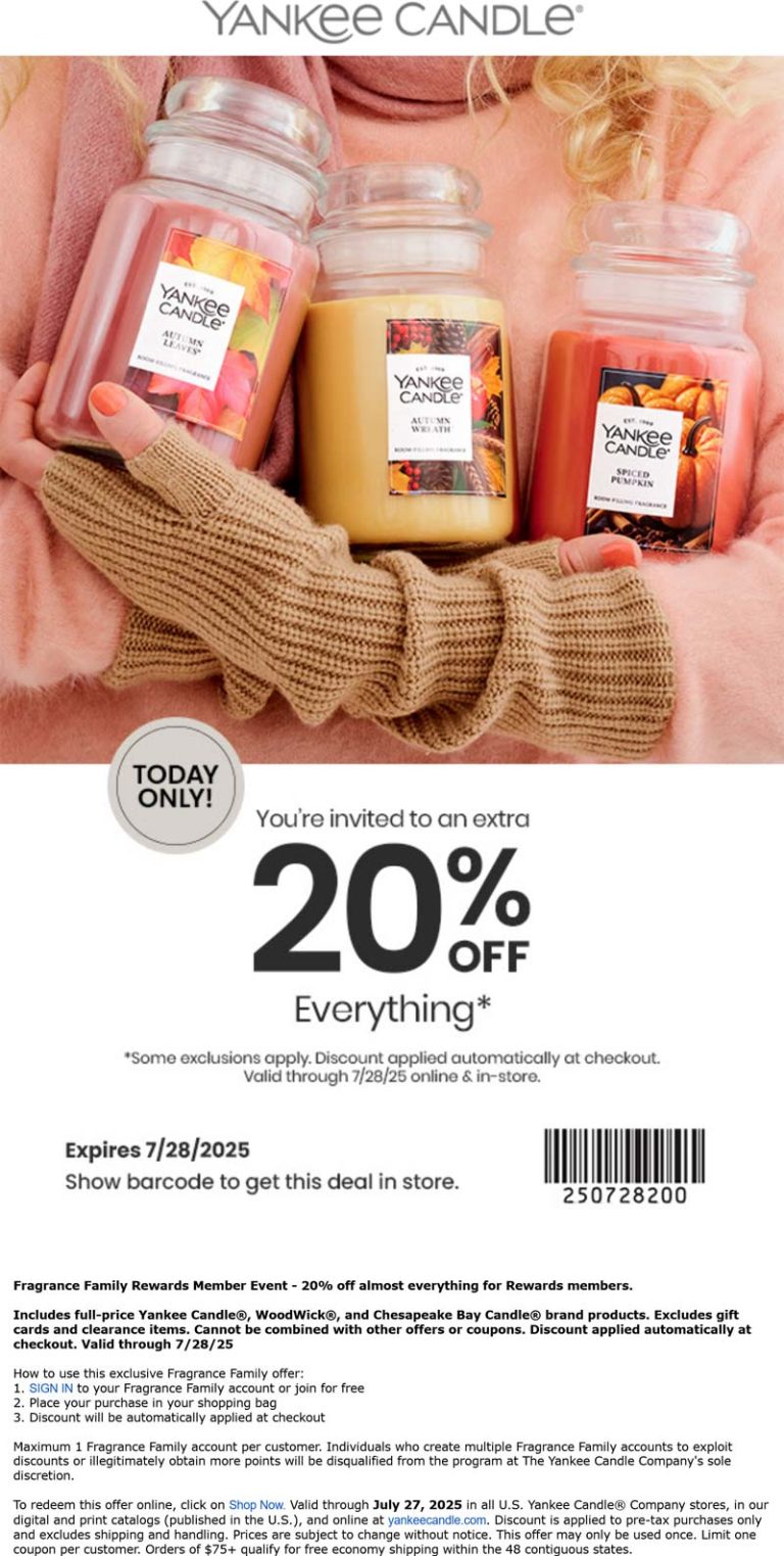 20% off everything today at Yankee Candle, ditto online