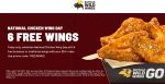 6 free chicken wings on $10 at Buffalo Wild Wings via promo code FREEWINGS #buffalowildwings