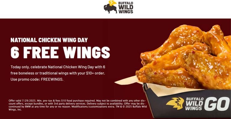 6 free chicken wings on $10 at Buffalo Wild Wings via promo code FREEWINGS
