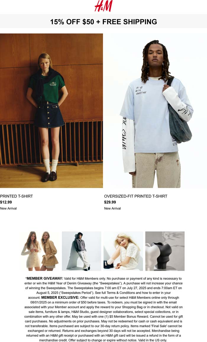 H&M coupon: 15% off $50 via login online at H&M