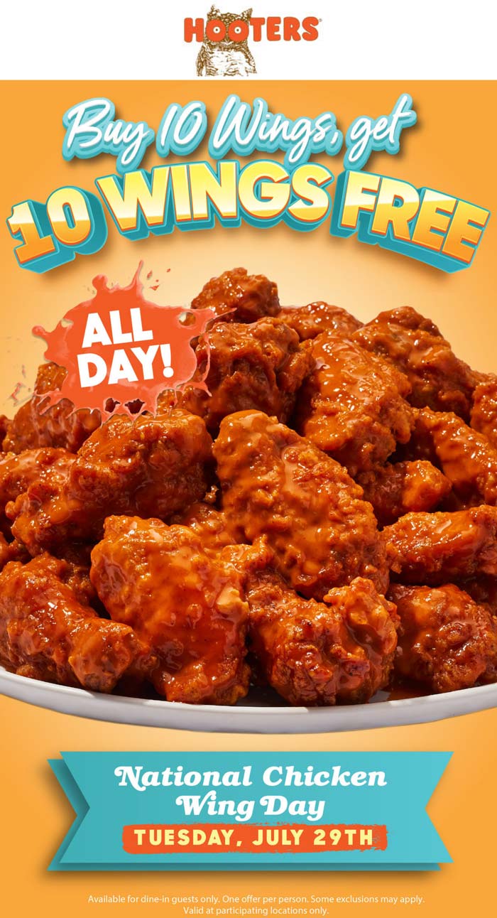 Second 10pc chicken wings free today at Hooters