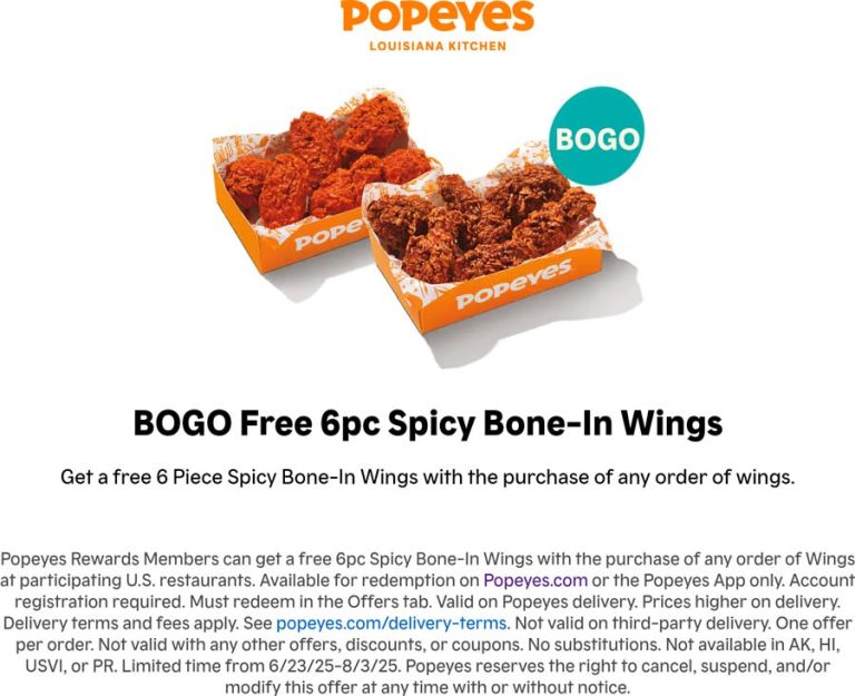 Second 6pc chicken wings free via login at Popeyes