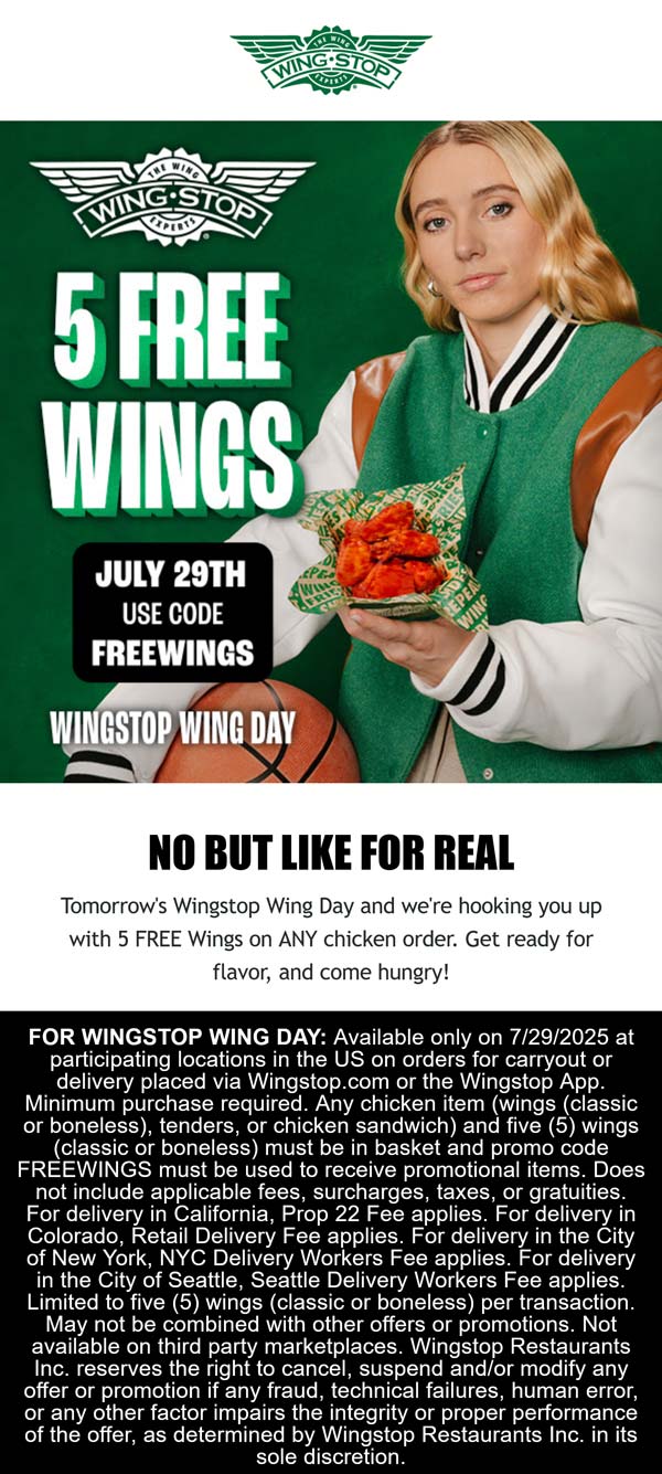 5 free wings with any chicken order today at Wingstop via promo code ...