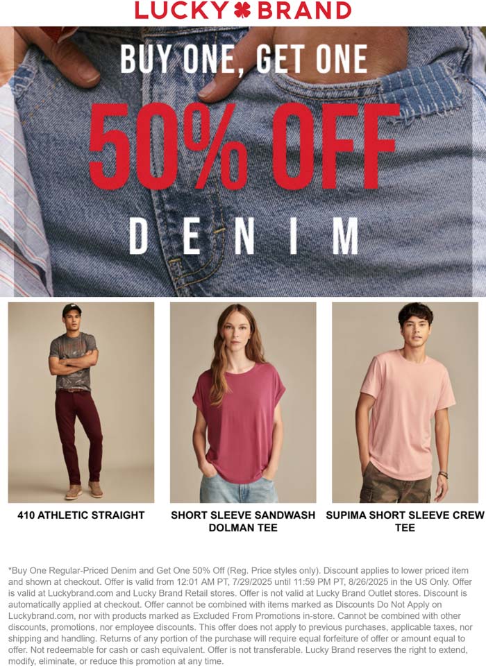Second jeans 50% off at Lucky Brand, ditto online