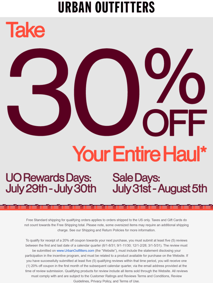 30% off everything at Urban Outfitters