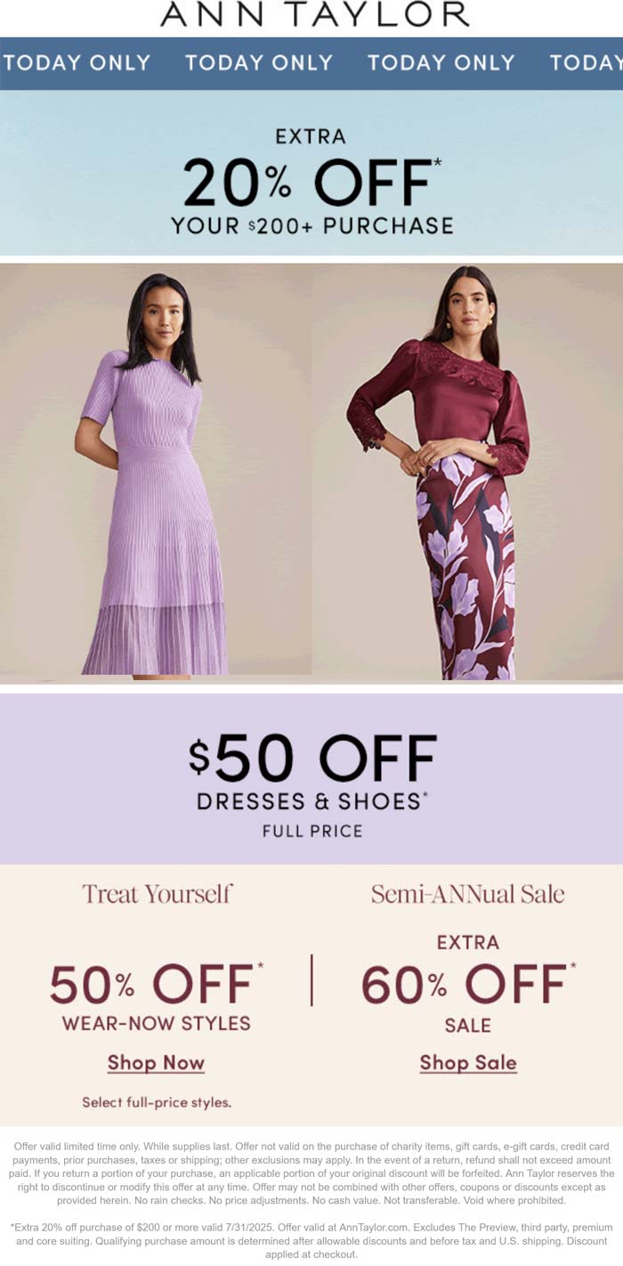 Extra 20% off $200 online today at Ann Taylor
