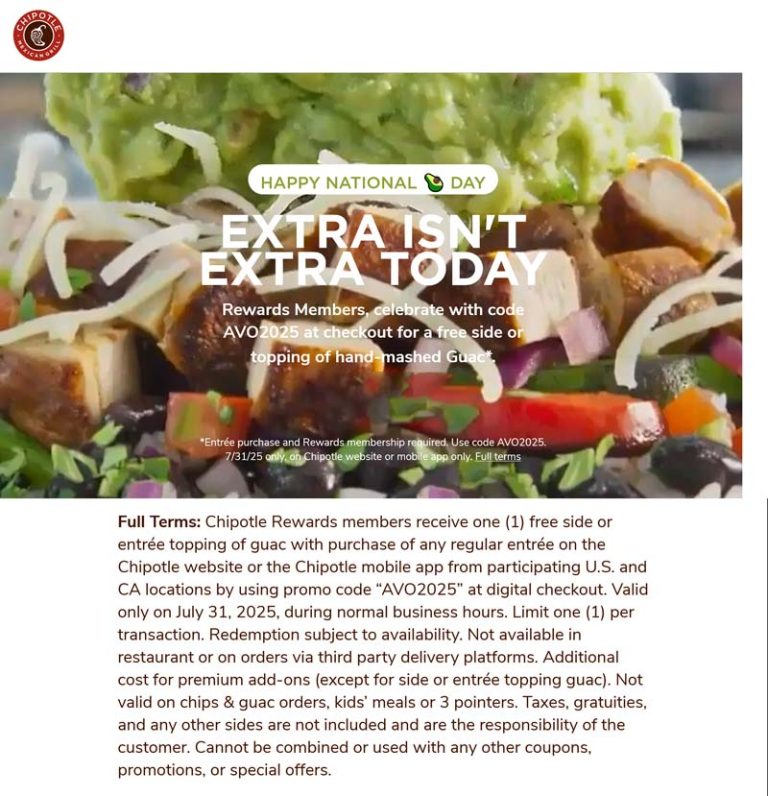 Free avocado today at Chipotle via promo code AVO2025