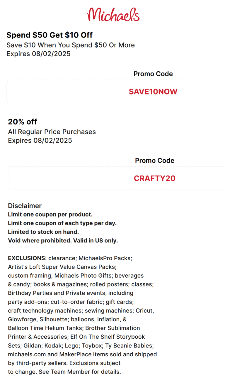 $10 off $50 or 20% everything online at Michaels via promo code SAVE10NOW and CRAFTY20