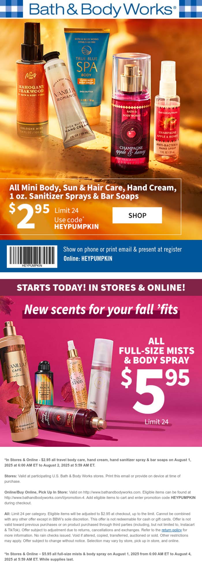Bath & Body Works coupon: $3 minis today at Bath & Body Works, or online via promo code HEYPUMPKIN