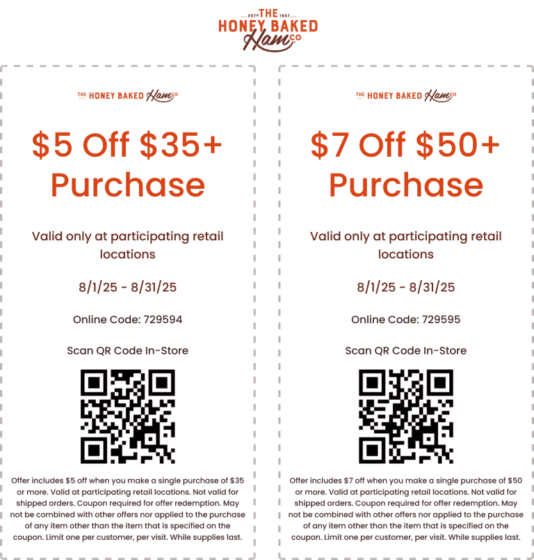 $5-$7 off $35+ at Honeybaked Ham restaurants, or online via promo code 729594