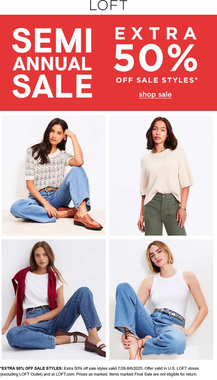 Extra 50% off sale items at LOFT, ditto online