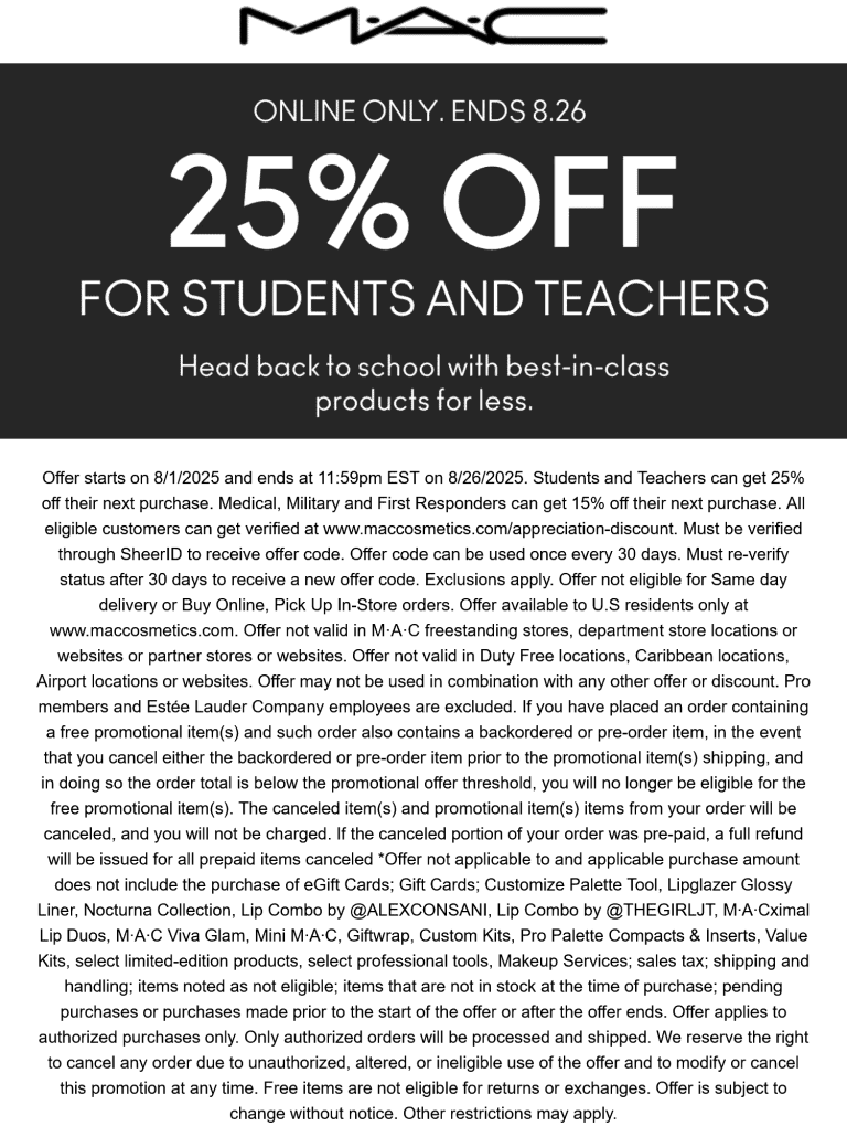 25% off online for students and teachers at MAC Cosmetics