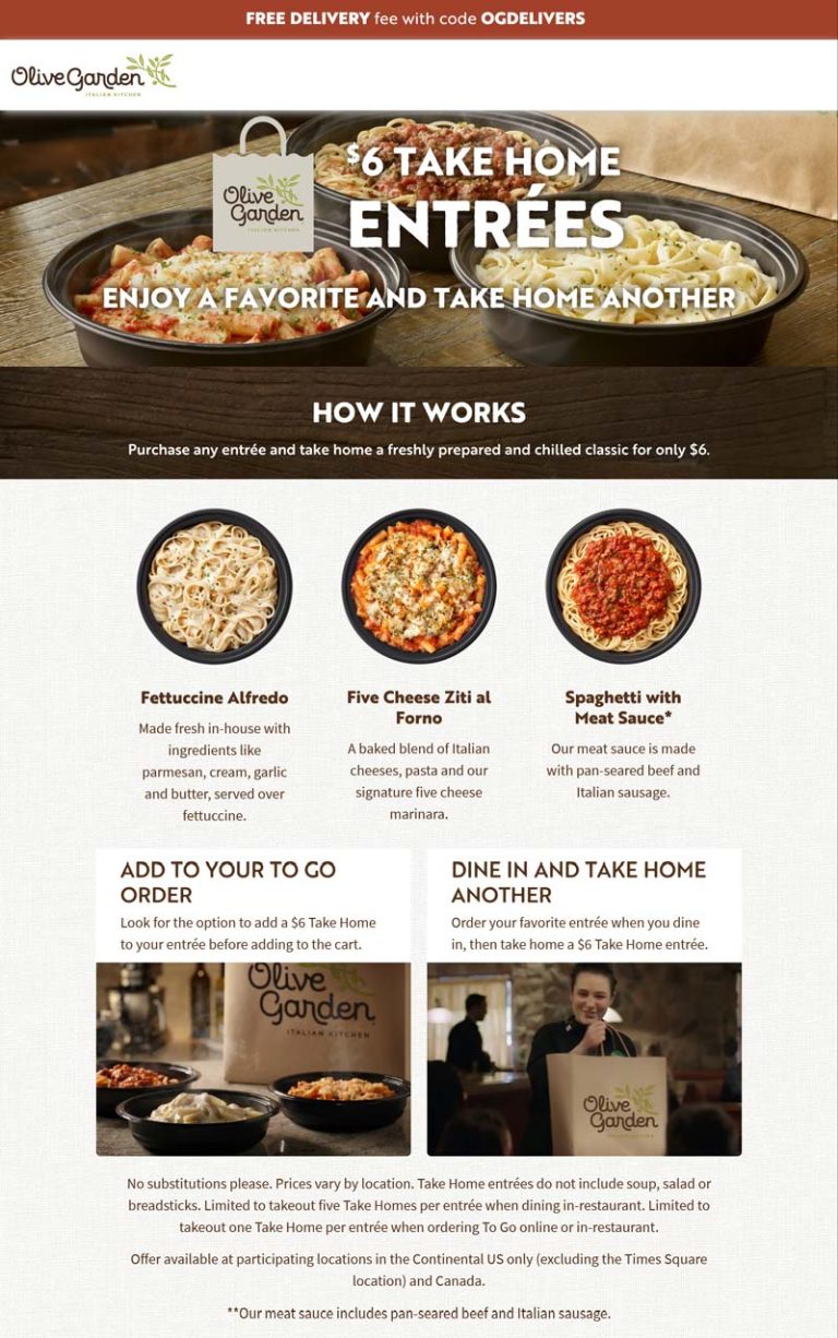 Second take home entree $6 at Olive Garden with free delivery via promo OGDELIVERS