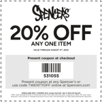 20% off a single item at Spencers, or online via promo code TWENTYOFF #spencers