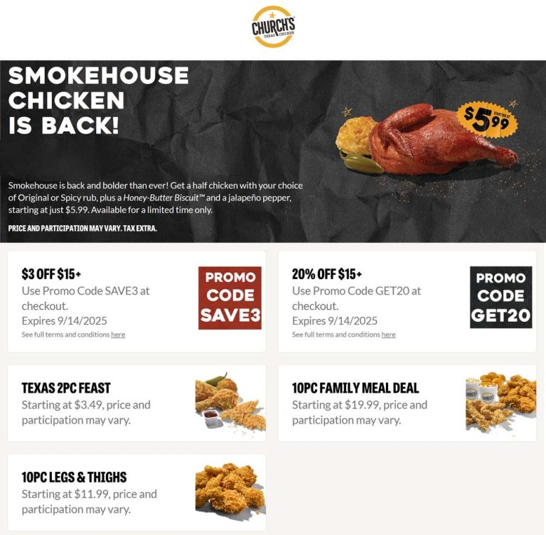 Half chicken + biscuit = $6 & more at Churchs Texas Chicken