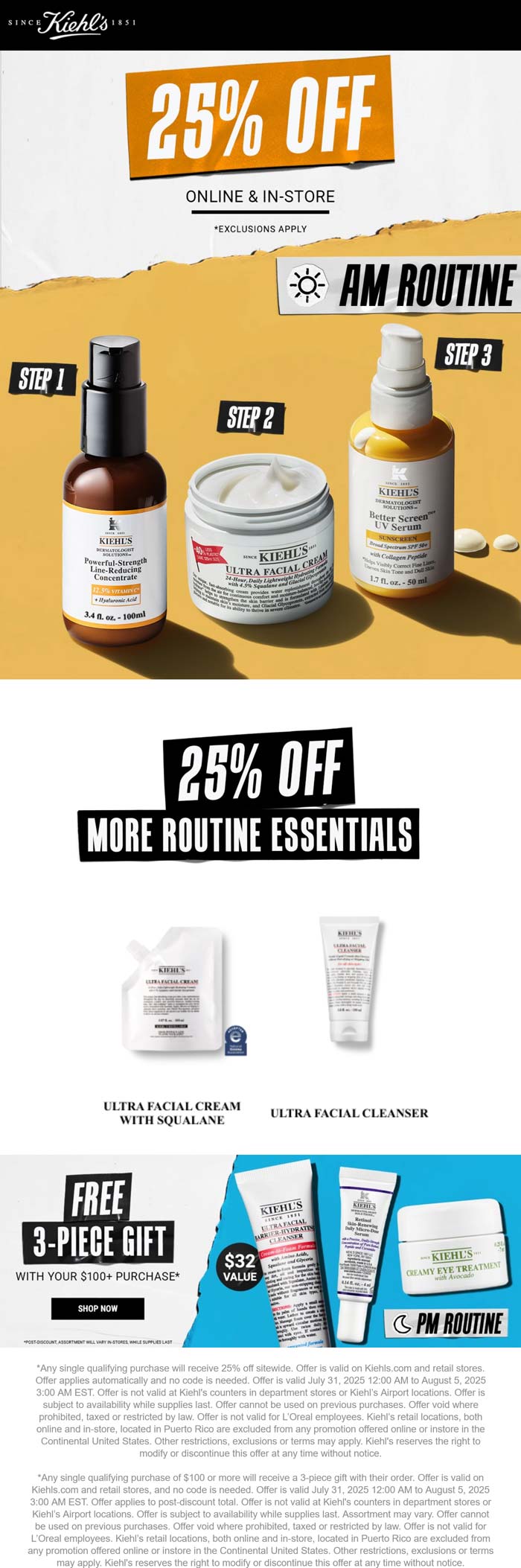 25% off essentials at Kiehls, ditto online