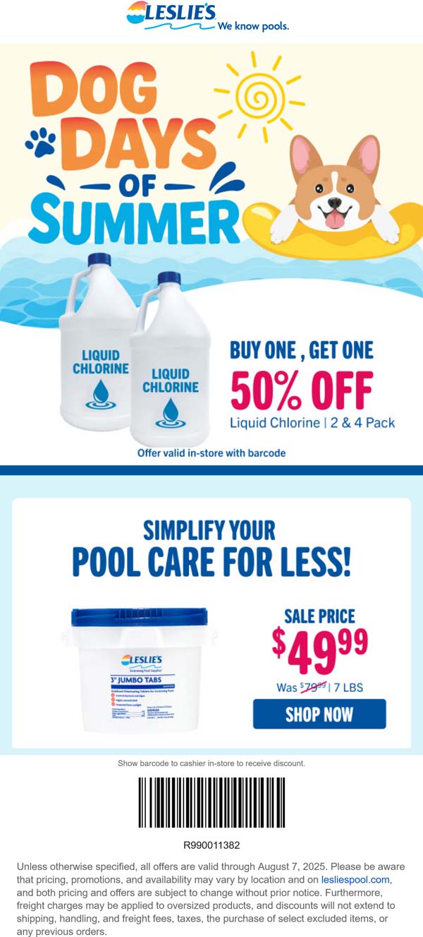 Second chlorine 2pk 50% off at Leslies pool