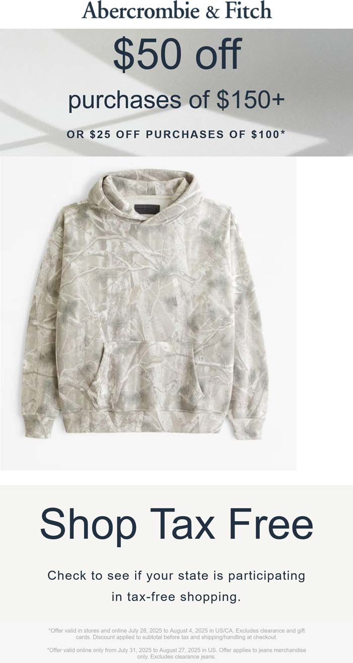 Abercrombie & Fitch coupon: $25-$50 off $100+ at Abercrombie & Fitch