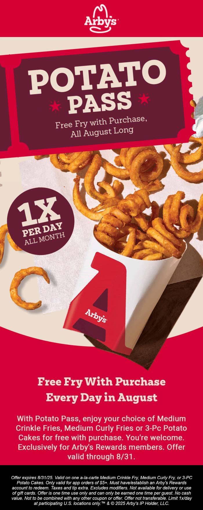Free fries or potato cakes on $5+ all month via mobile at Arbys