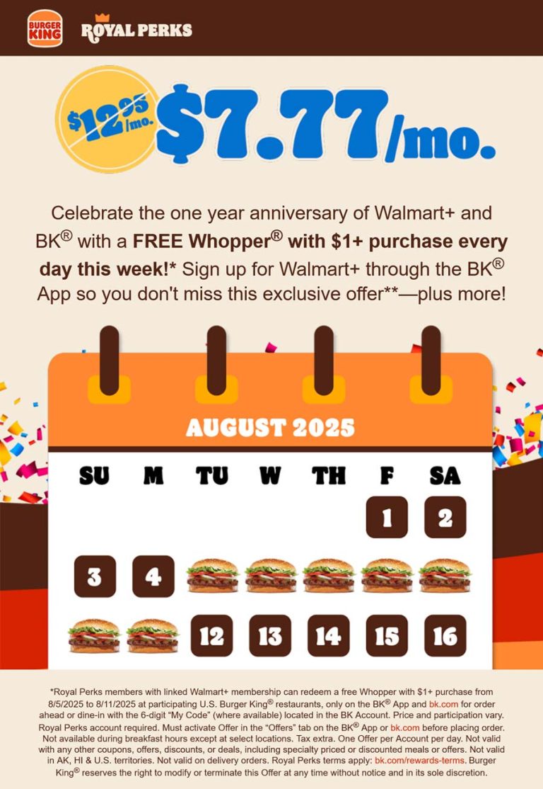 Free whopper daily on $1 via Walmart+ at Burger King restaurants