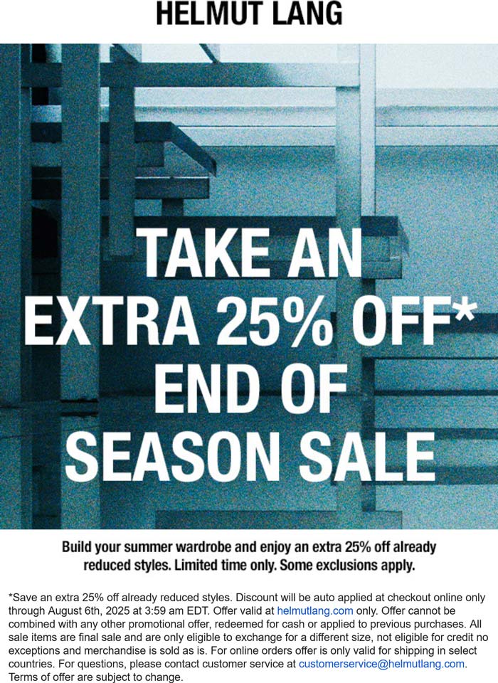 Extra 25% off sale items online today at Helmut Lang