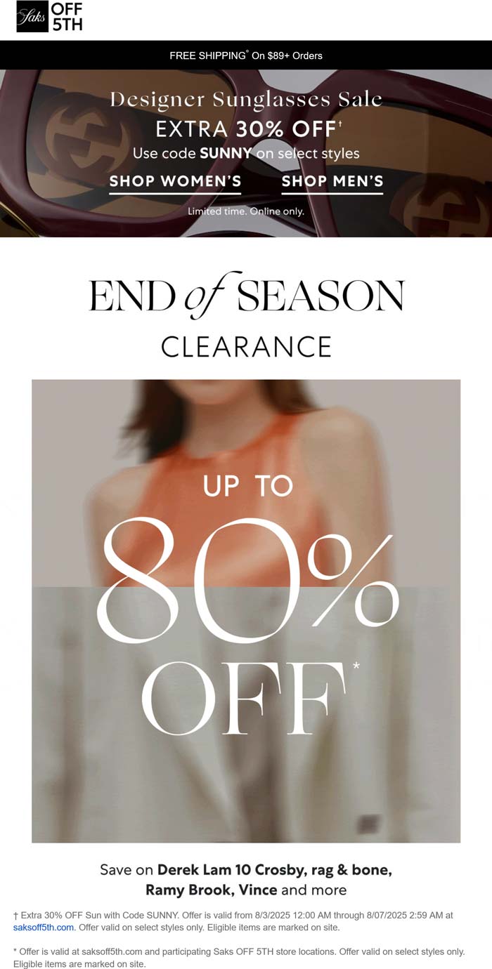 Extra 30% off designer sunglasses & more at Saks OFF 5TH via promo code SUNNY