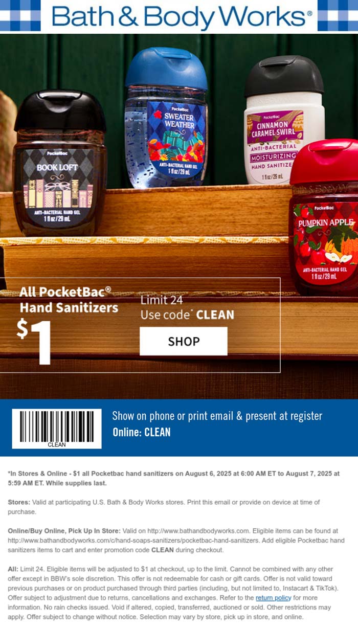 Bath & Body Works coupon: $1 pocket hand sanitizers today at Bath & Body Works, or online via promo code CLEAN