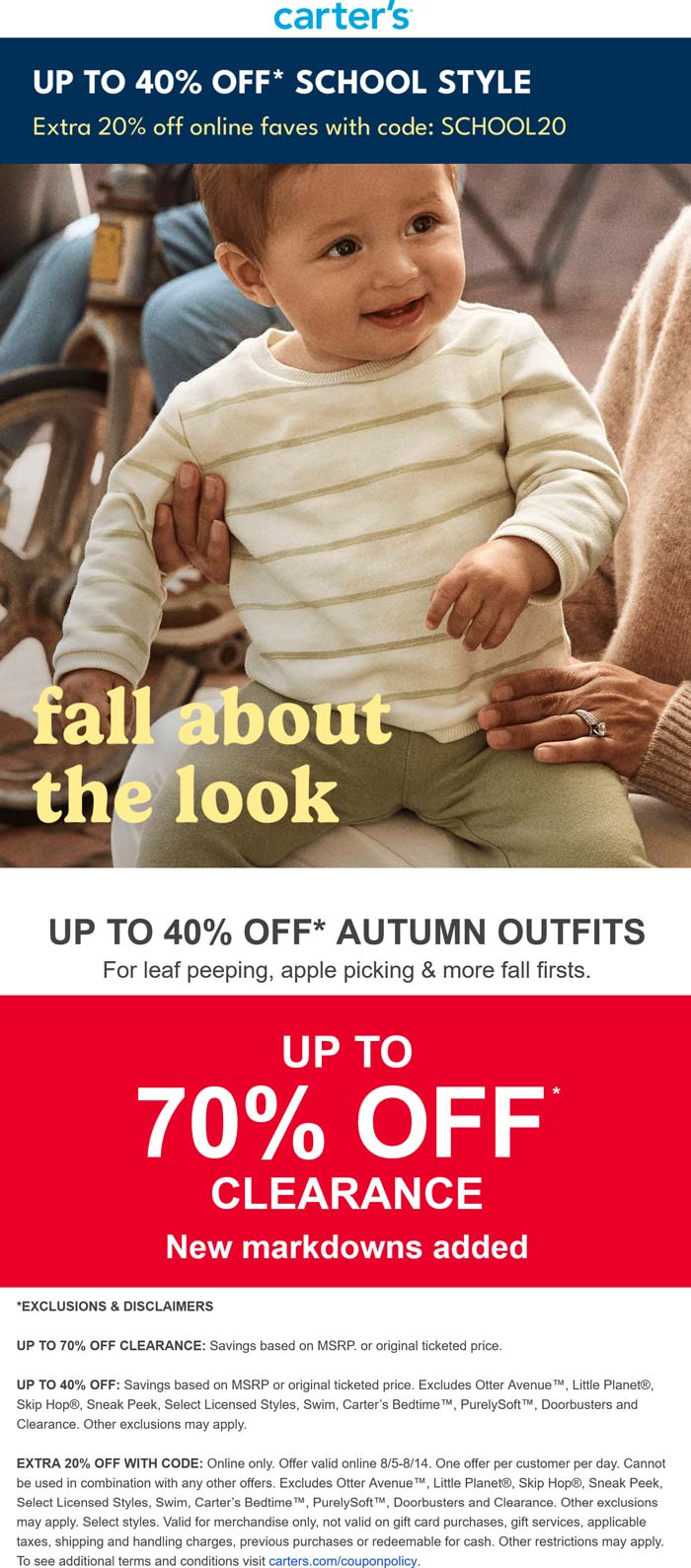 Extra 20-40% off school styles at Carters via promo code SCHOOL20