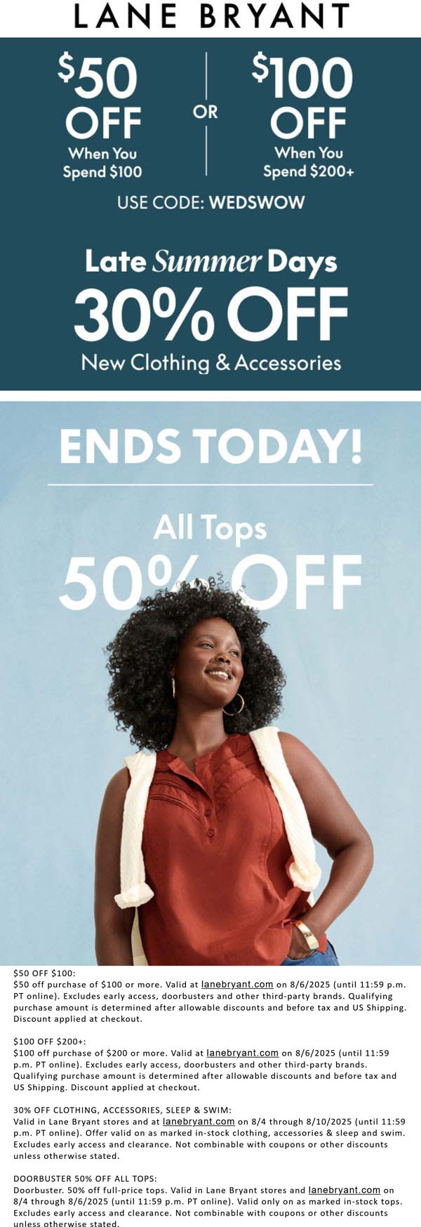 $50-$100 off $100+ online today at Lane Bryant via promo code WEDSWOW