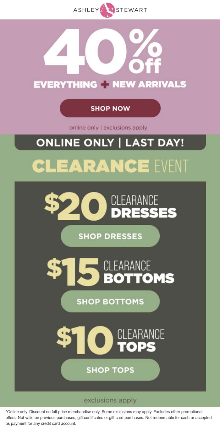 40% off everything online today at Ashley Stewart