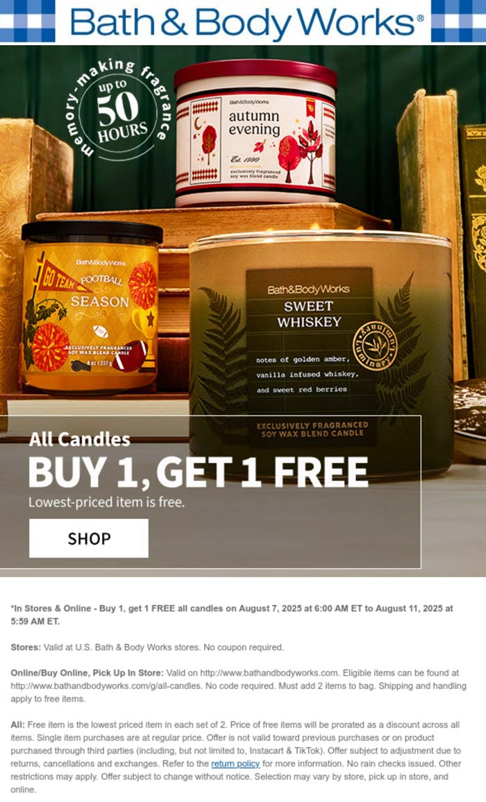 Bath & Body Works coupon: Second candle free at Bath & Body Works, ditto online