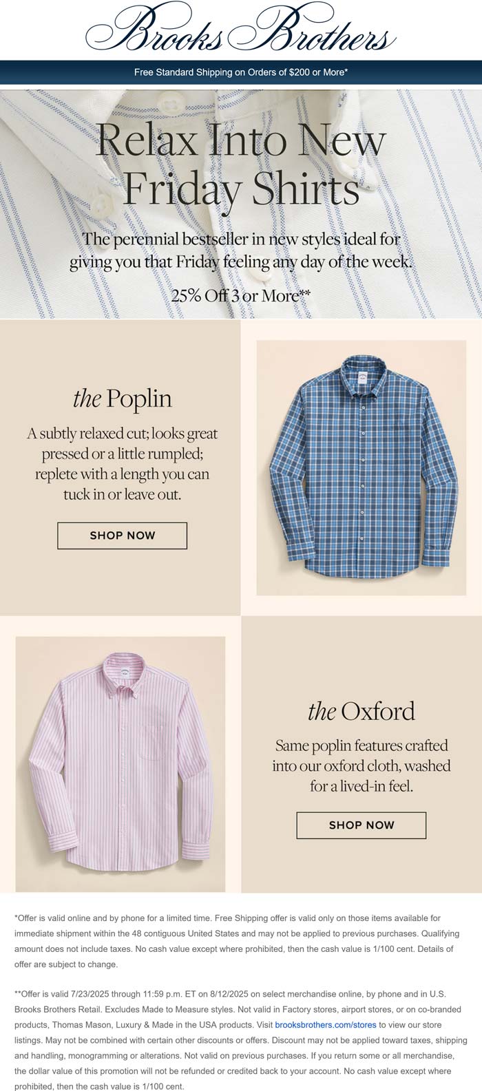 25% off 3+ shirts at Brooks Brothers, ditto online