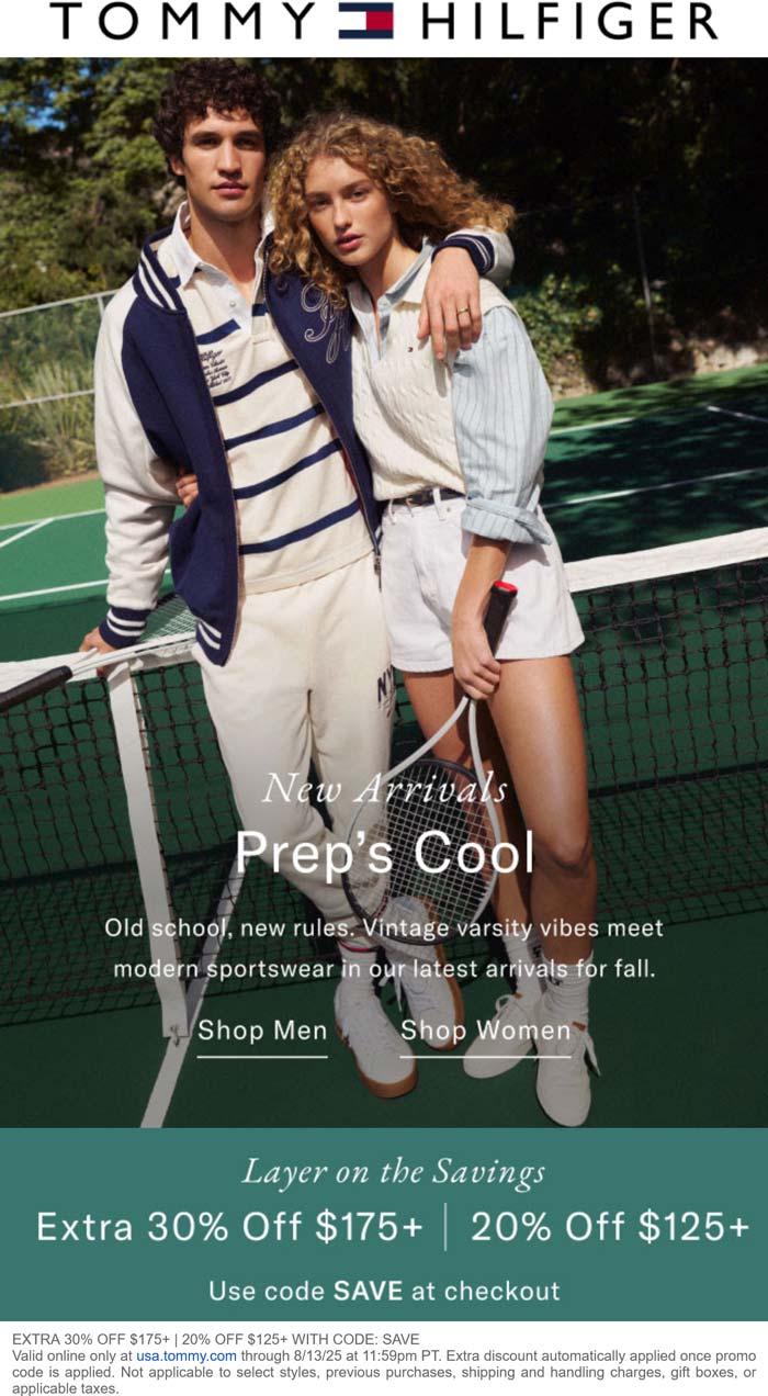 20-30% off $125+ at Tommy Hilfiger via promo code SAVE