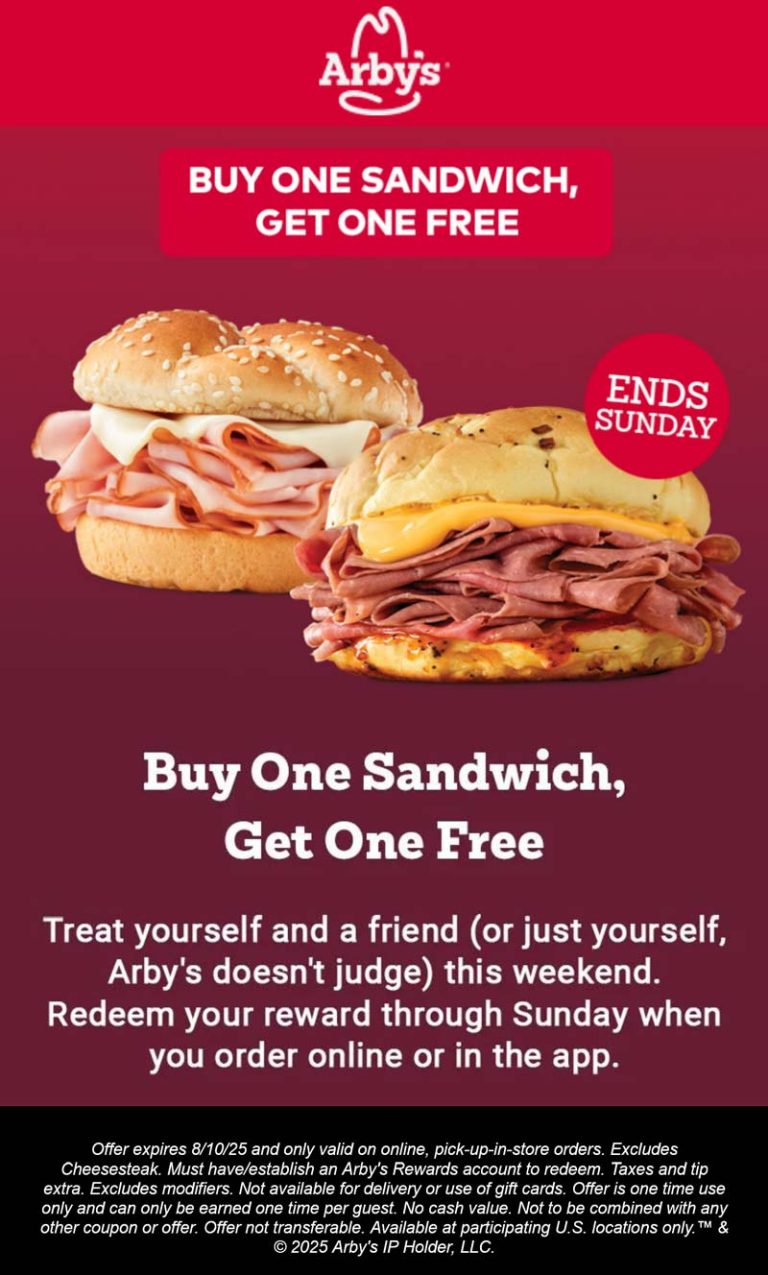 Second sandwich free via login at Arbys